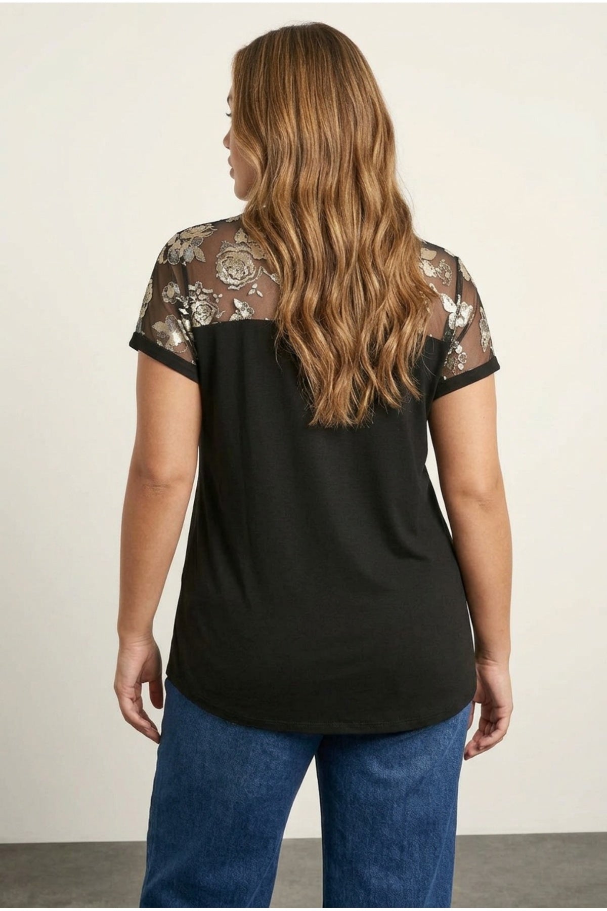 Plus Size Crew Neck Short Sleeve Sheer Neck Blouse