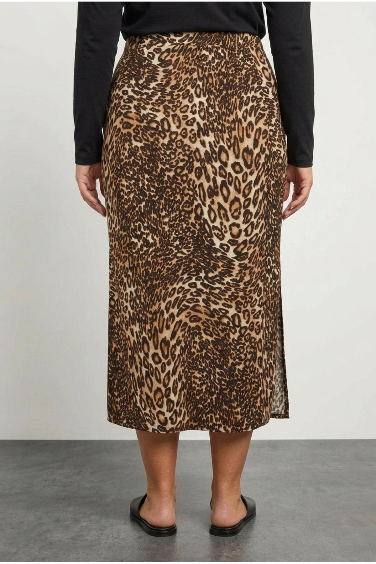 Plus Size Elastic Waist Slit Leopard Print Midi Length Skirt