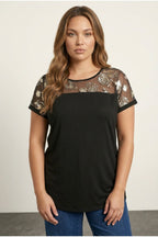 Plus Size Crew Neck Short Sleeve Sheer Neck Blouse