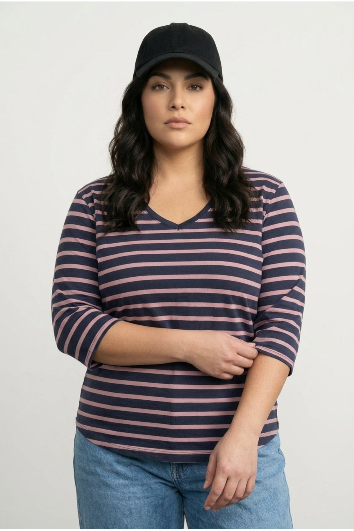 Plus Size V-Neck Dolman Sleeve Striped Lightweight Sweatshirt