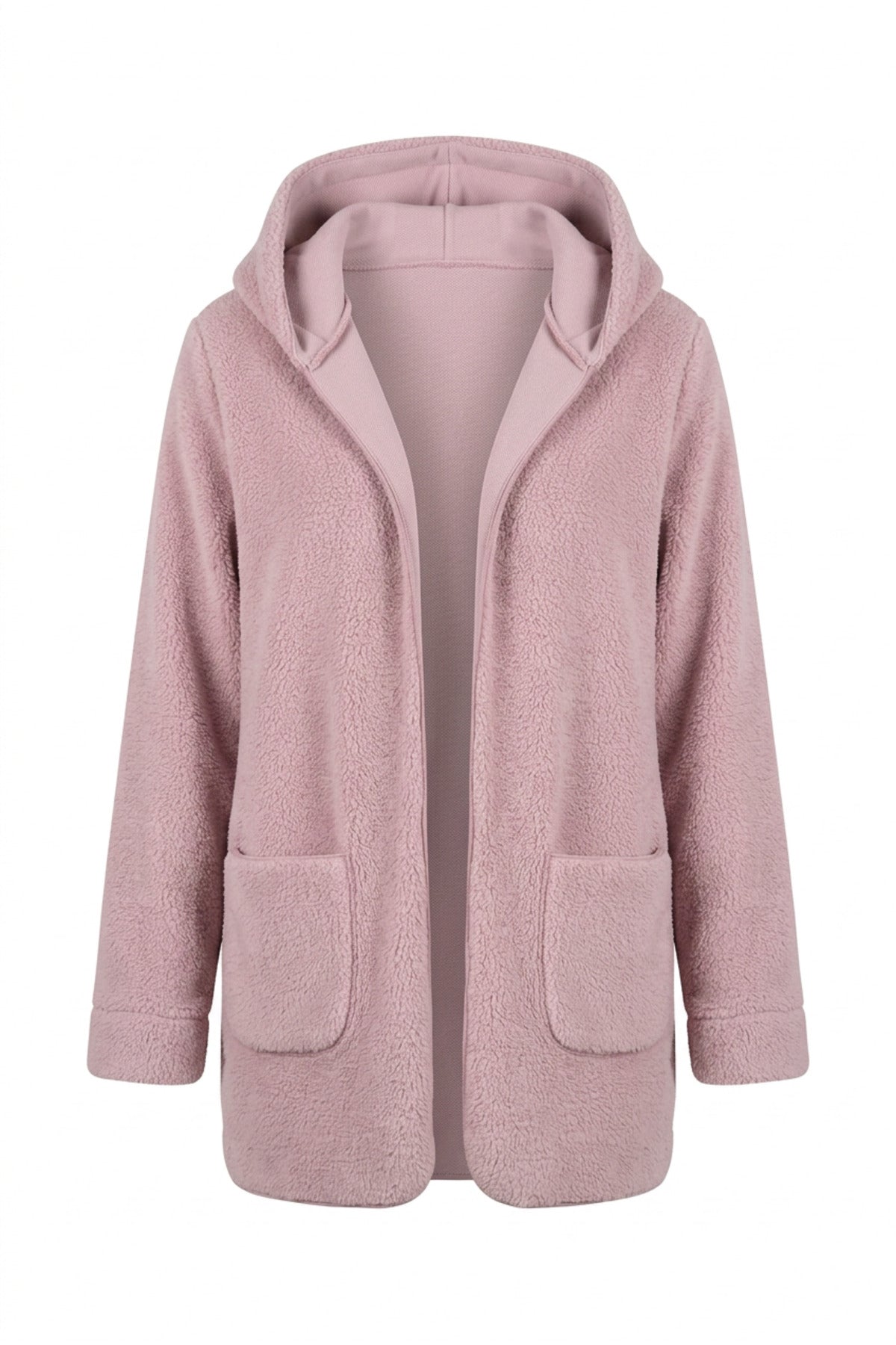 Plus Size Long Sleeve Hooded Open Front Plush Jacket with Pockets