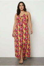 Plus Size Front Shirred Strappy Floral Print Buttoned Dress
