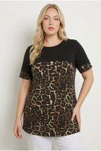 Plus Size Crew Neck Short Sleeve Leopard Print Stretchy Fabric T-shirt