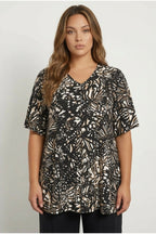 Plus Size V-Neck Front Pleated Short Sleeve Patterned Blouse