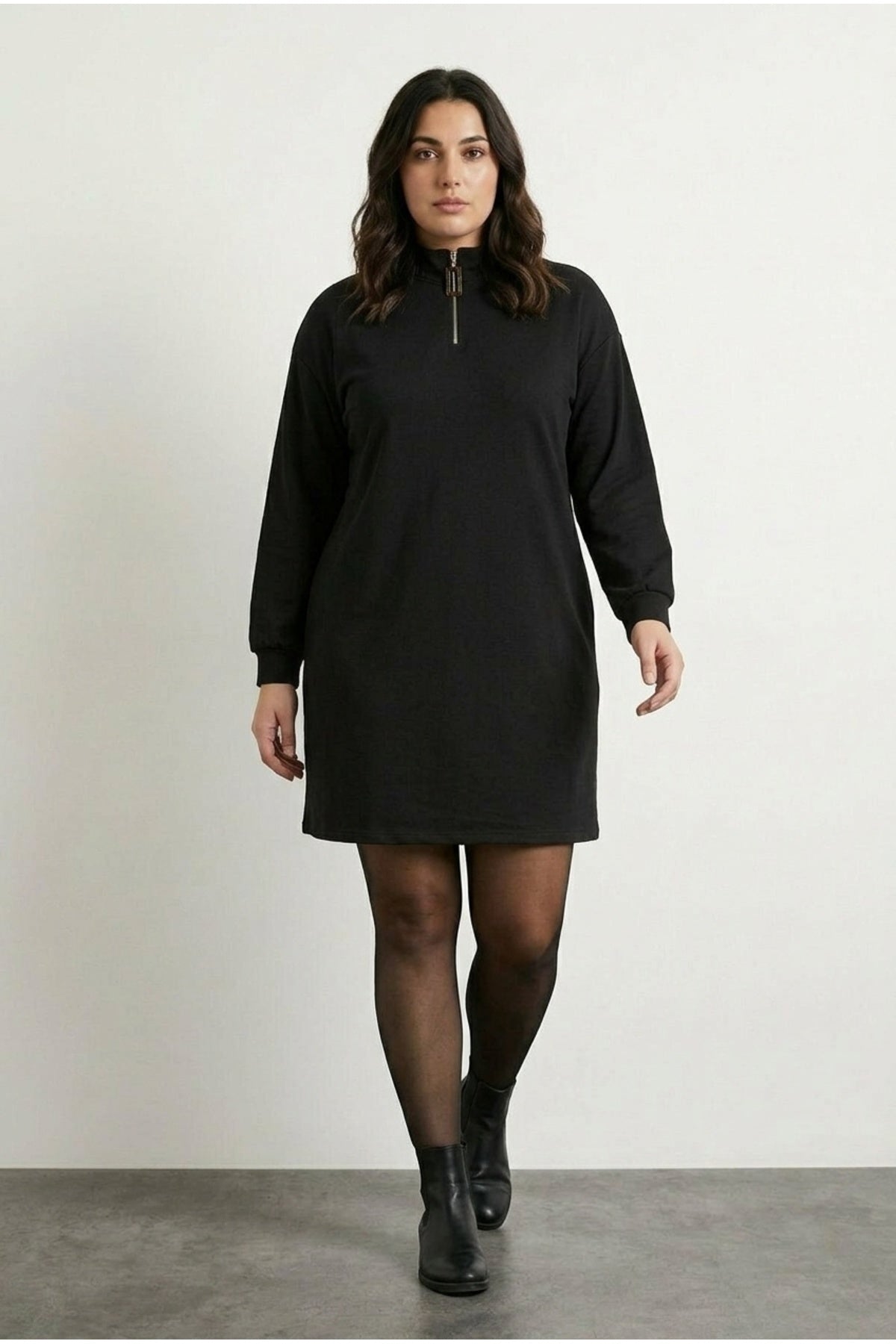 Plus Size Black Zippered Mini Dress