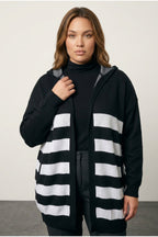 Plus Size Long Sleeve Pocketed Hooded Striped Knitted Cardigan
