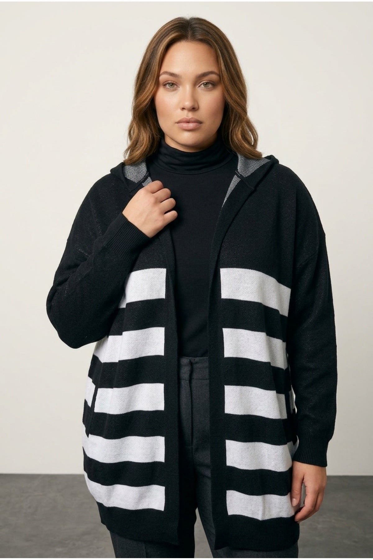 Plus Size Long Sleeve Pocketed Hooded Striped Knitted Cardigan