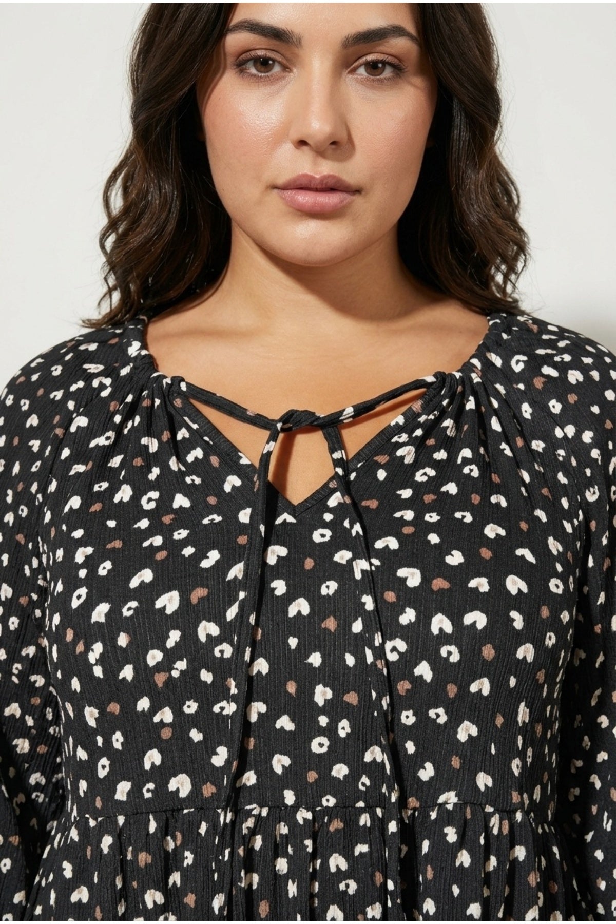 Plus Size V-Neck Long Sleeve Crinkled Fabric Mini Dress