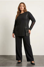 Plus Size Faux Leather Detailed Mesh Sleeve Slit Blouse