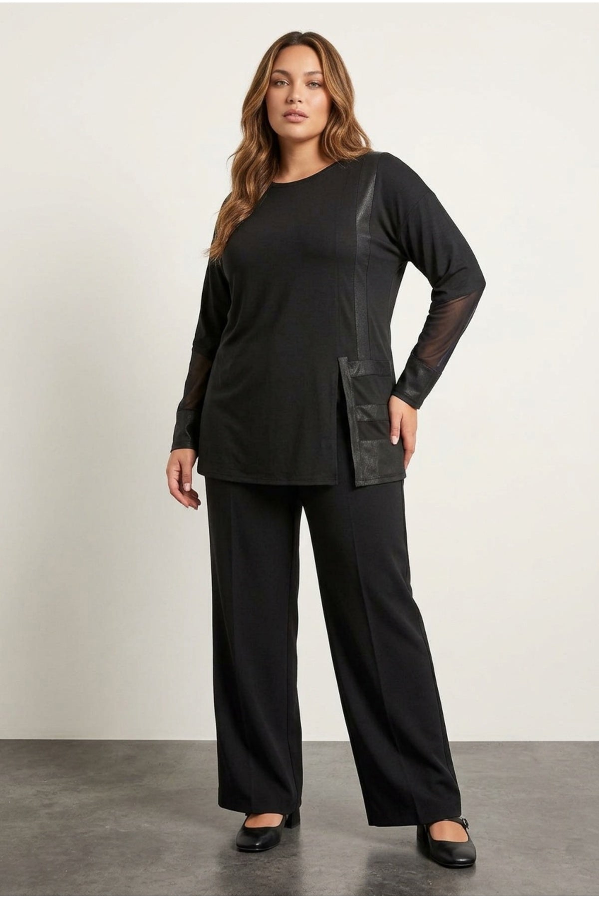 Plus Size Faux Leather Detailed Mesh Sleeve Slit Blouse