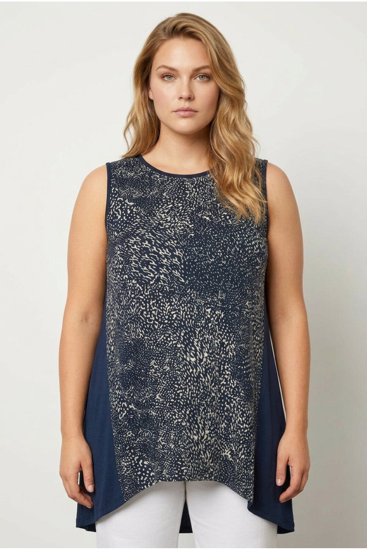 Plus Size Crew Neck Short Sleeve High-Low Patterned Blouse