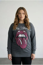 Plus Size Crew Neck Printed Sequin Detailed Washed Sweatshirt