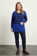 Plus Size V-Neck Striped Slit Detail Thin Fabric Long Blouse