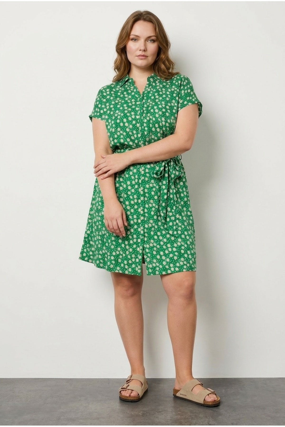 Plus Size Polo Neck Short Sleeve Floral Print Button Detail Belted Dress
