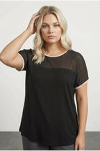 Plus Size Crew Neck Short Sleeve Blouse with Tulle Detail on Neckline