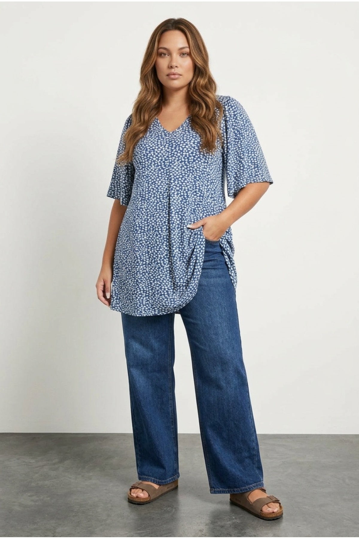 Plus Size V-Neck Short Sleeve Flared Hem Patterned Blouse