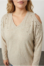 Plus Size V-Neck Beaded Embellished Sweater with Shoulder Detail