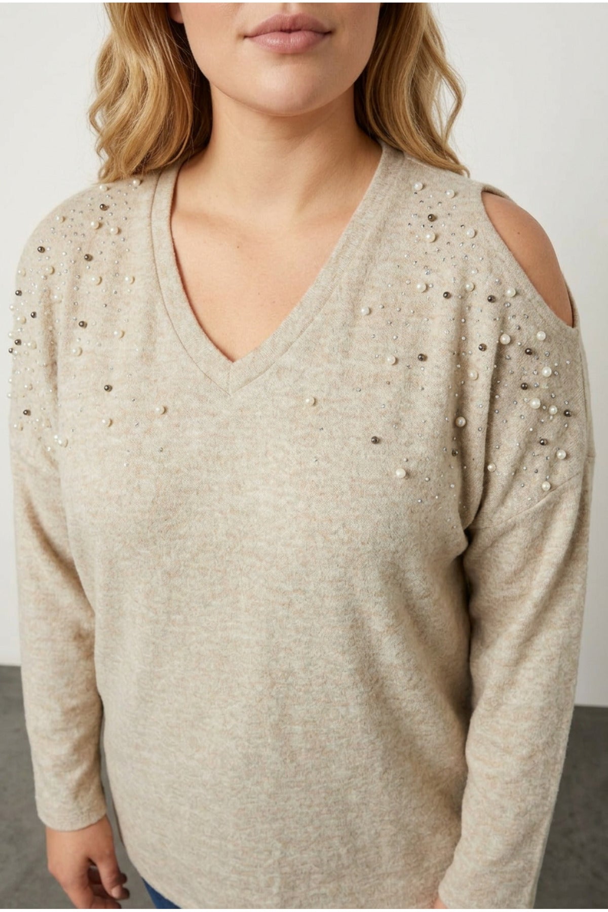 Plus Size V-Neck Beaded Embellished Sweater with Shoulder Detail