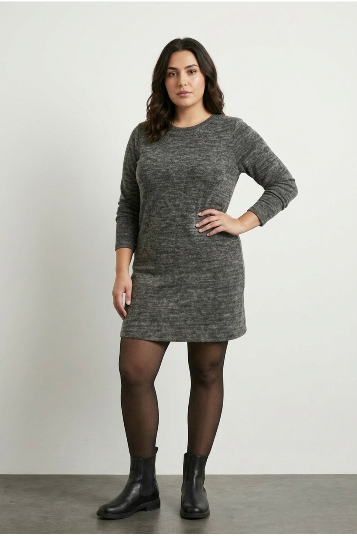 Plus Size Grey Fluffy Textured Zippered Dress