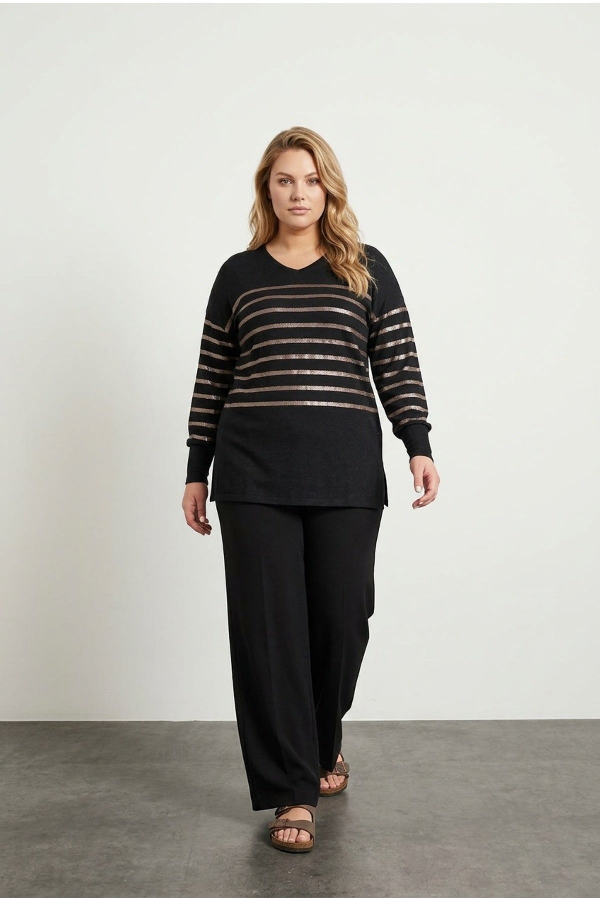 Plus Size Long Sleeve V-Neck Blouse with Elasticated Cuffs