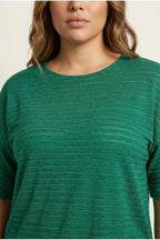 Plus Size Crew Neck Half Sleeve Slit Striped Mesh Blouse