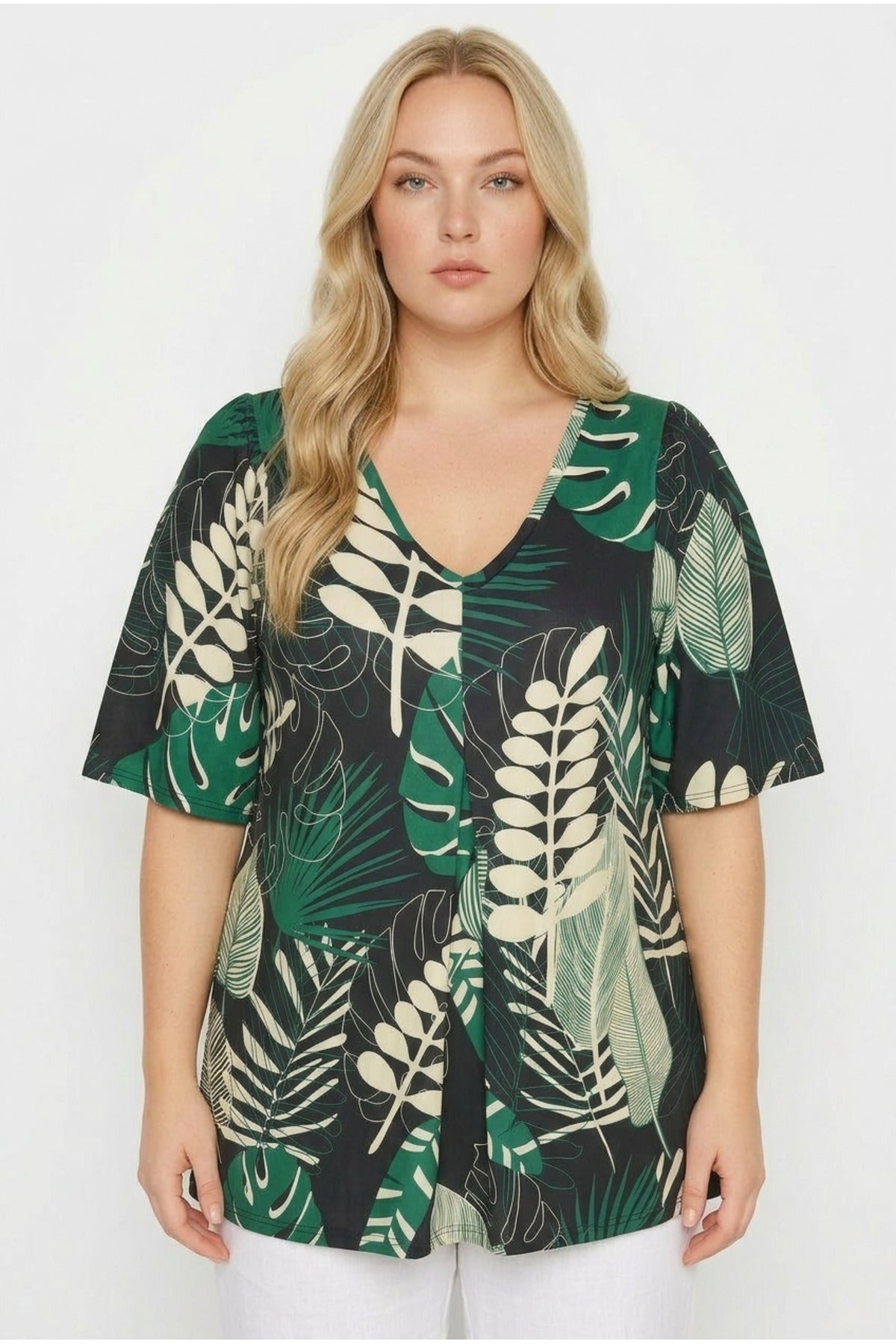 Plus Size V-Neck Short Wide Sleeve Front Pleated Stretchy Fabric Tunic T-shirt