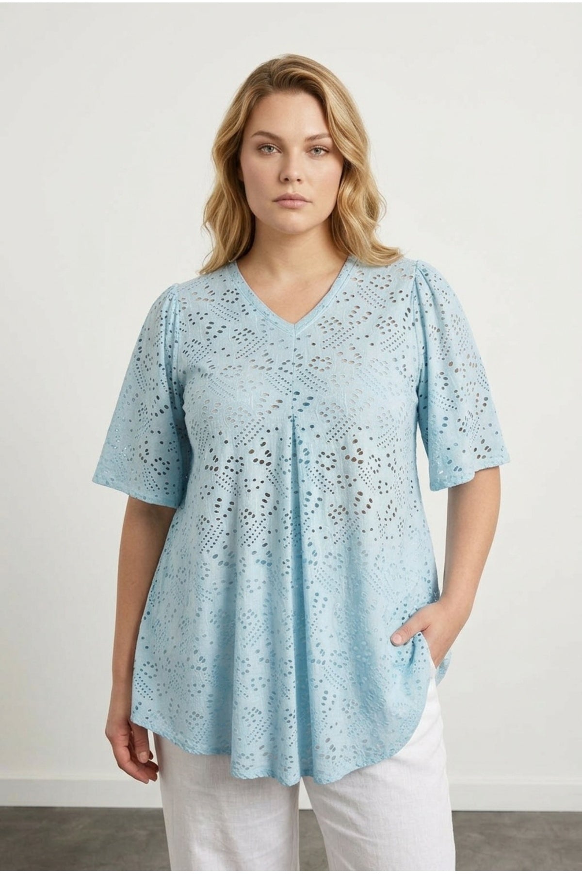 Plus Size V-Neck Short Sleeve Lace Detailed Unlined Blouse