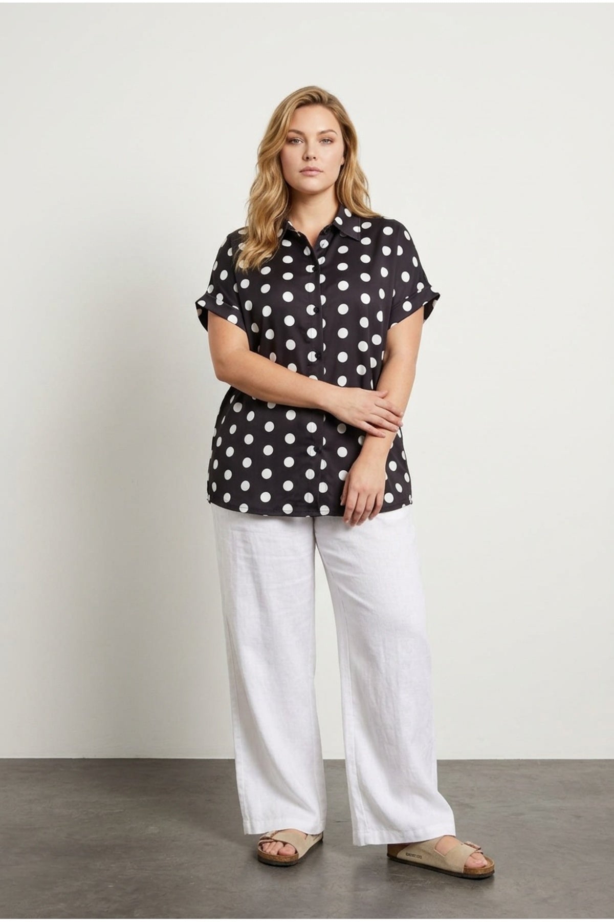 Plus Size Button-Front Short Sleeve Polka Dot Patterned Shirt