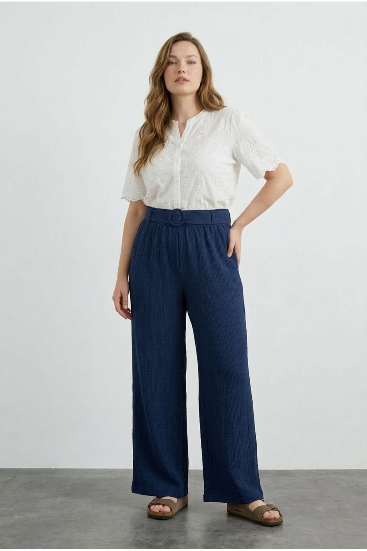 Plus Size Elastic Waist Wide Leg Crinkle Stretchy Pants with Pockets