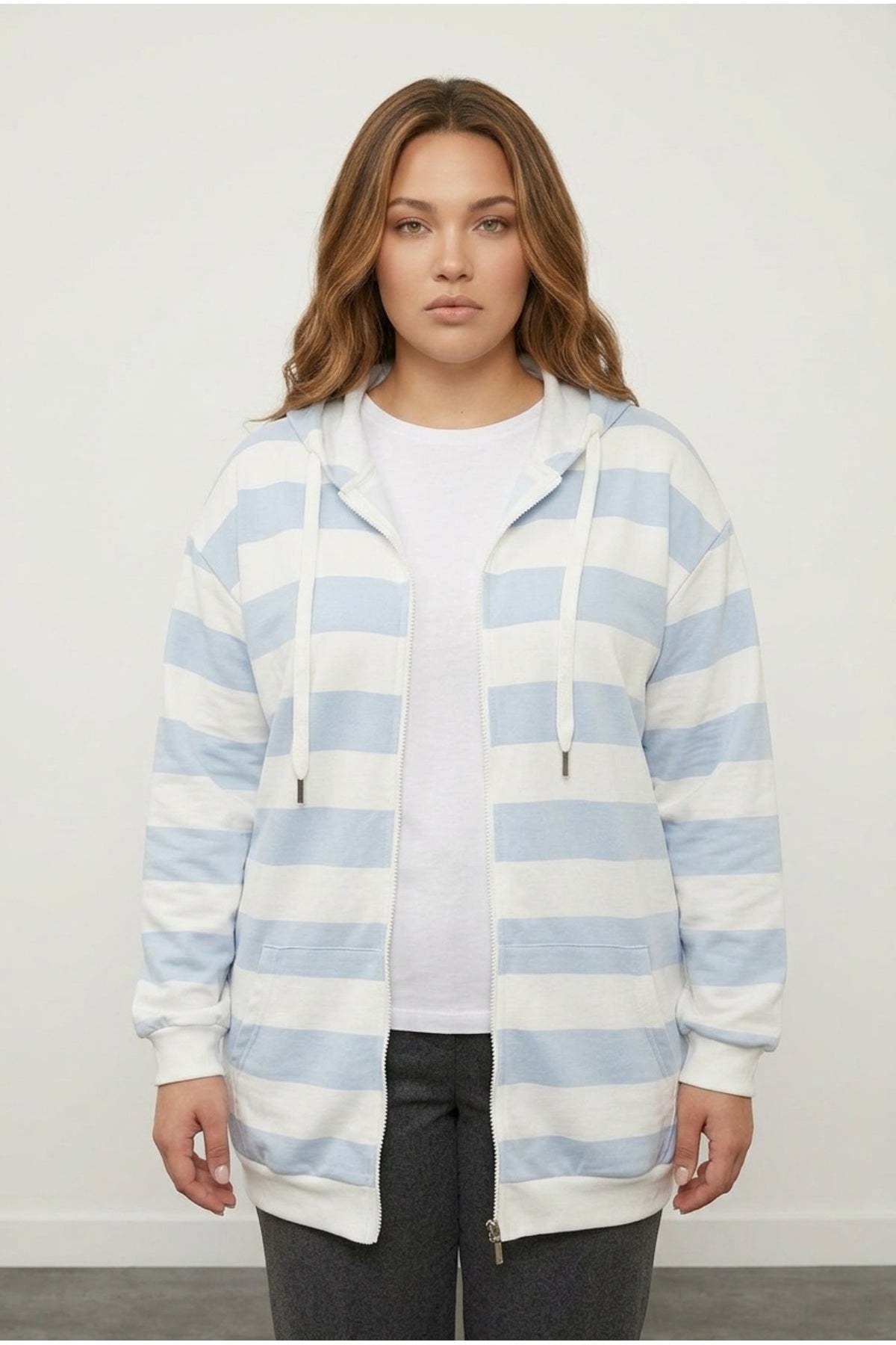 Plus Size Long Sleeve Hooded Pocketed Zip-up Cardigan