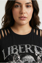 Plus Size Crew Neck T-shirt with Sleeve Detail and Skull Print