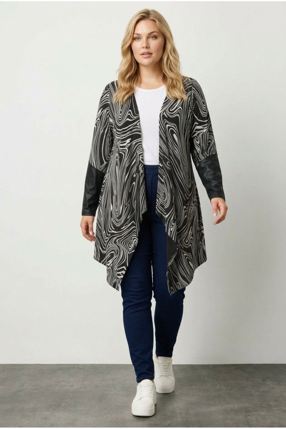 Plus Size Long Sleeve Leather Detailed Open Front Cardigan