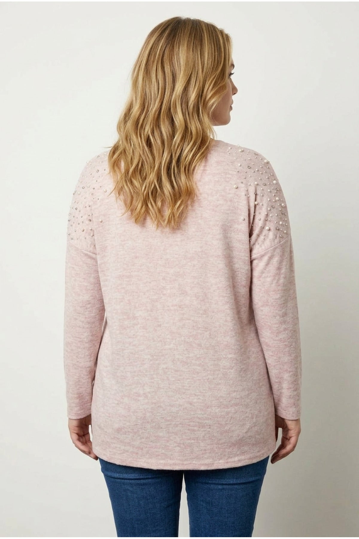 Plus Size V-Neck Long Sleeve Beaded Plush Sweatshirt