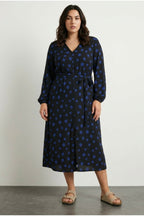 Plus Size Long Sleeve V-Neck Belted Polka Dot Maxi Dress