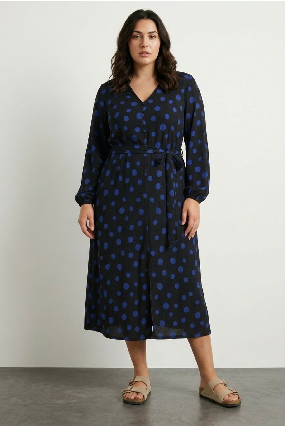 Plus Size Long Sleeve V-Neck Belted Polka Dot Maxi Dress