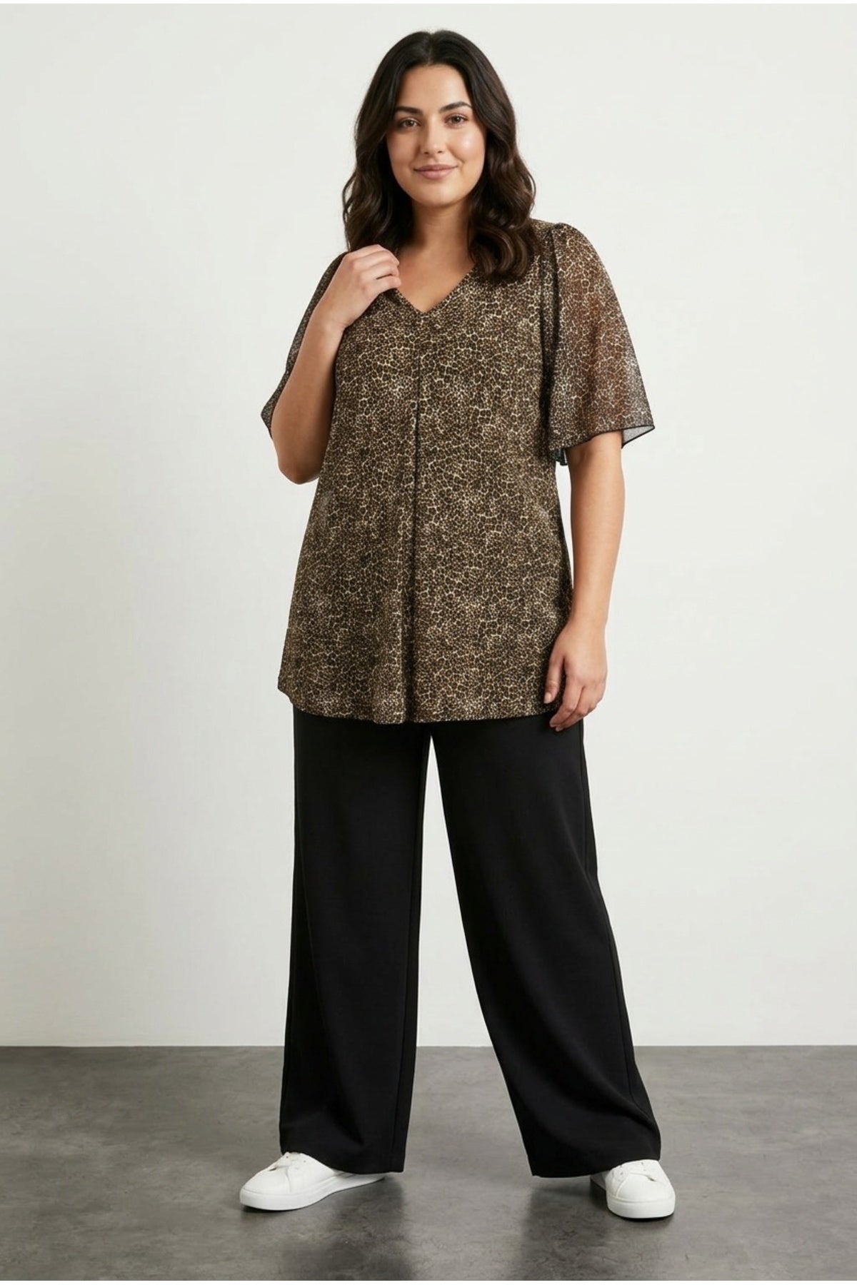 Plus Size V-Neck Blouse with Tulle Detail Sleeves and Leopard Print