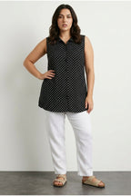 Plus Size Polo Neck Sleeveless Buttoned Polka Dot T-shirt