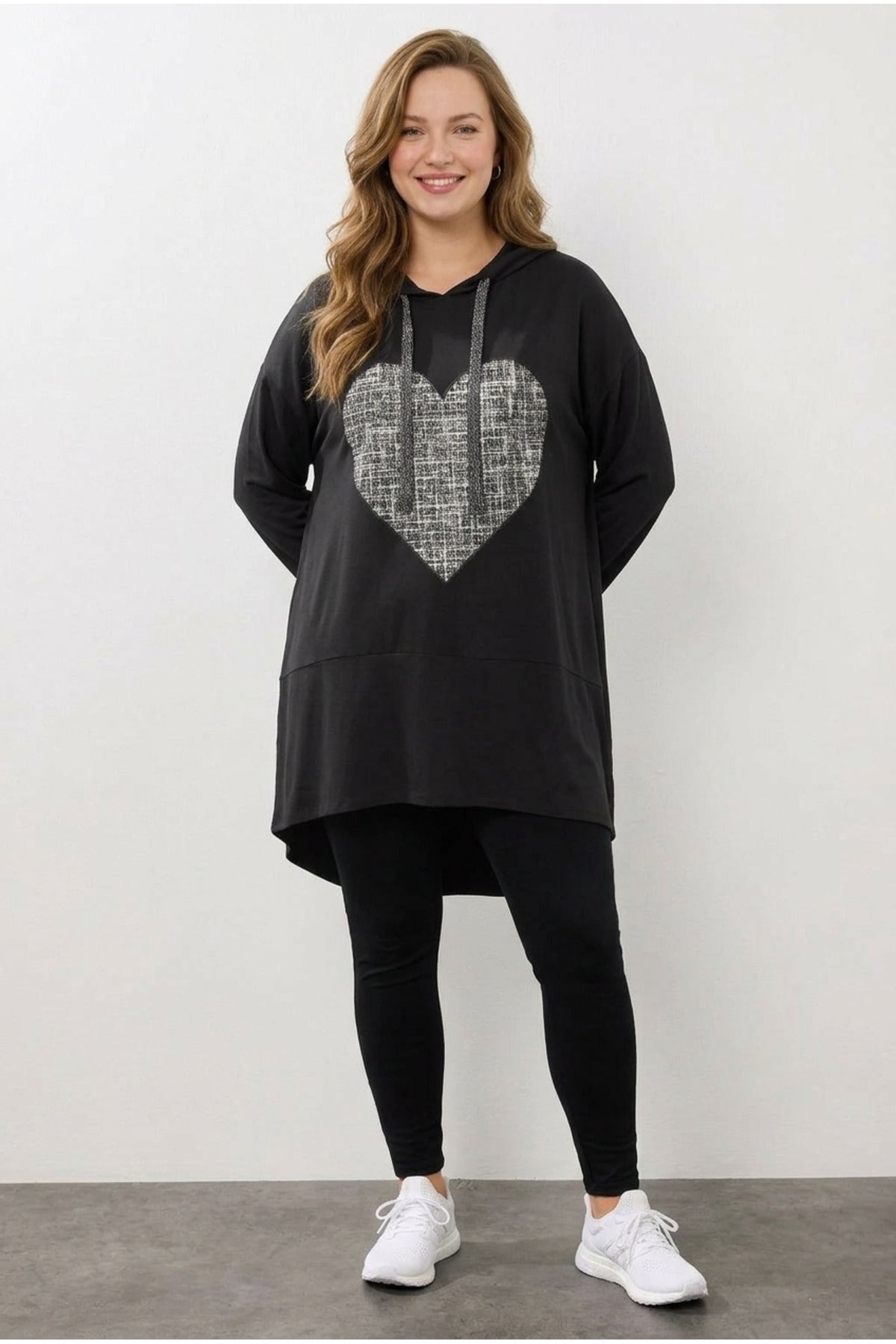 Plus Size V-Neck Long Sleeve Hooded Tunic Sweatshirt