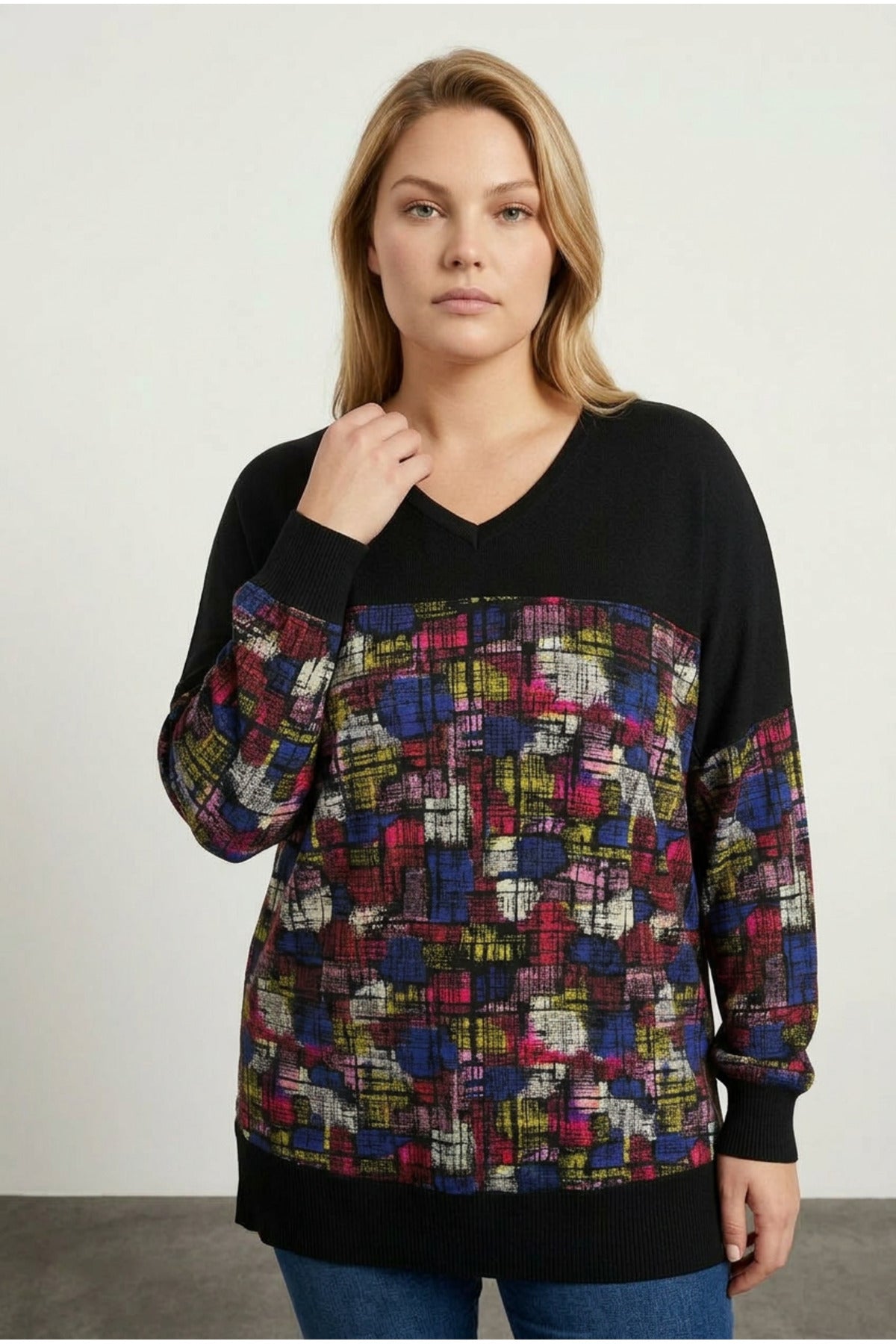 Plus Size Side Slit Drop Shoulder Black Blouse