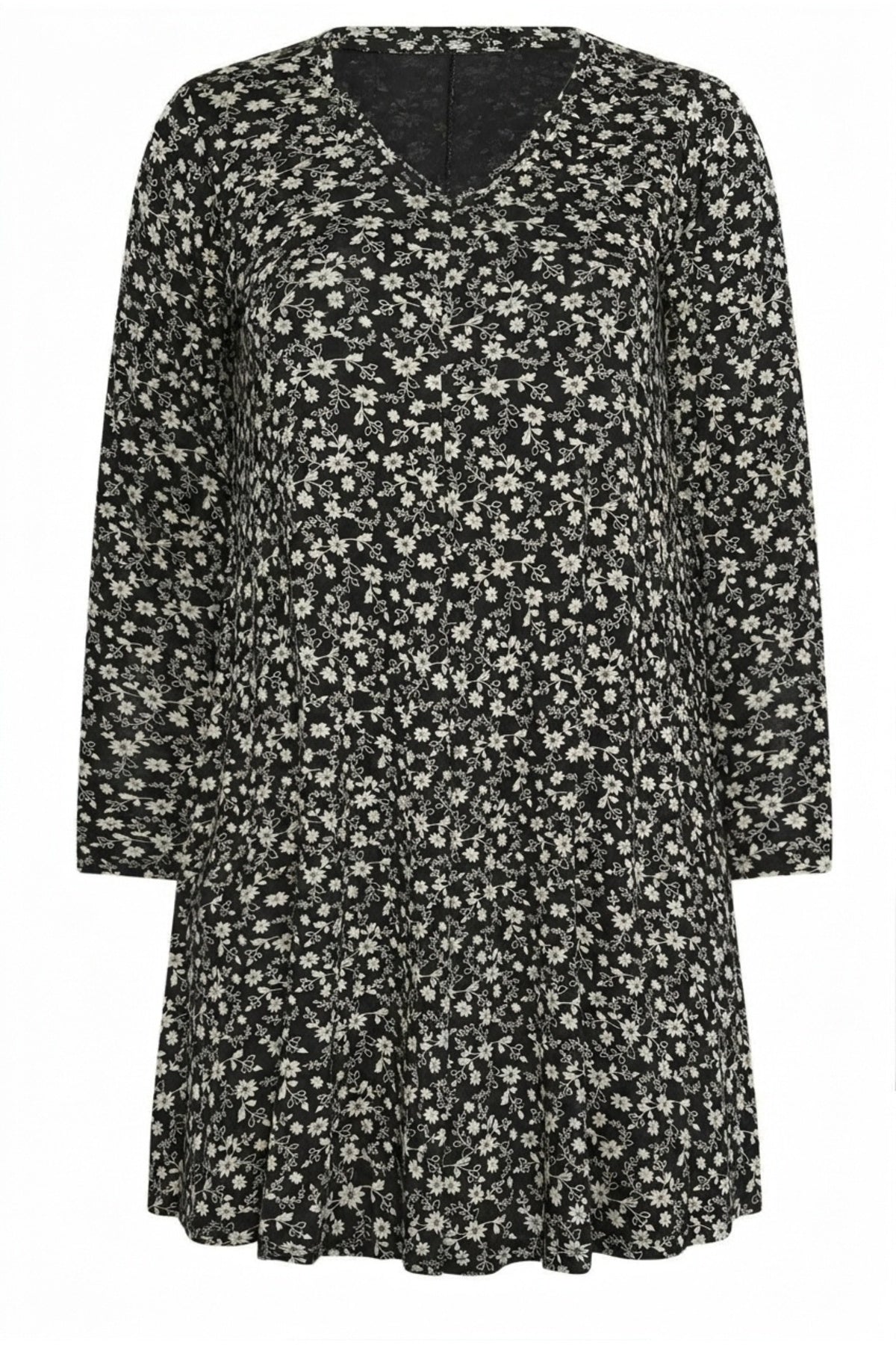 Plus Size V-Neck Floral Print Long Sleeve Short Dress