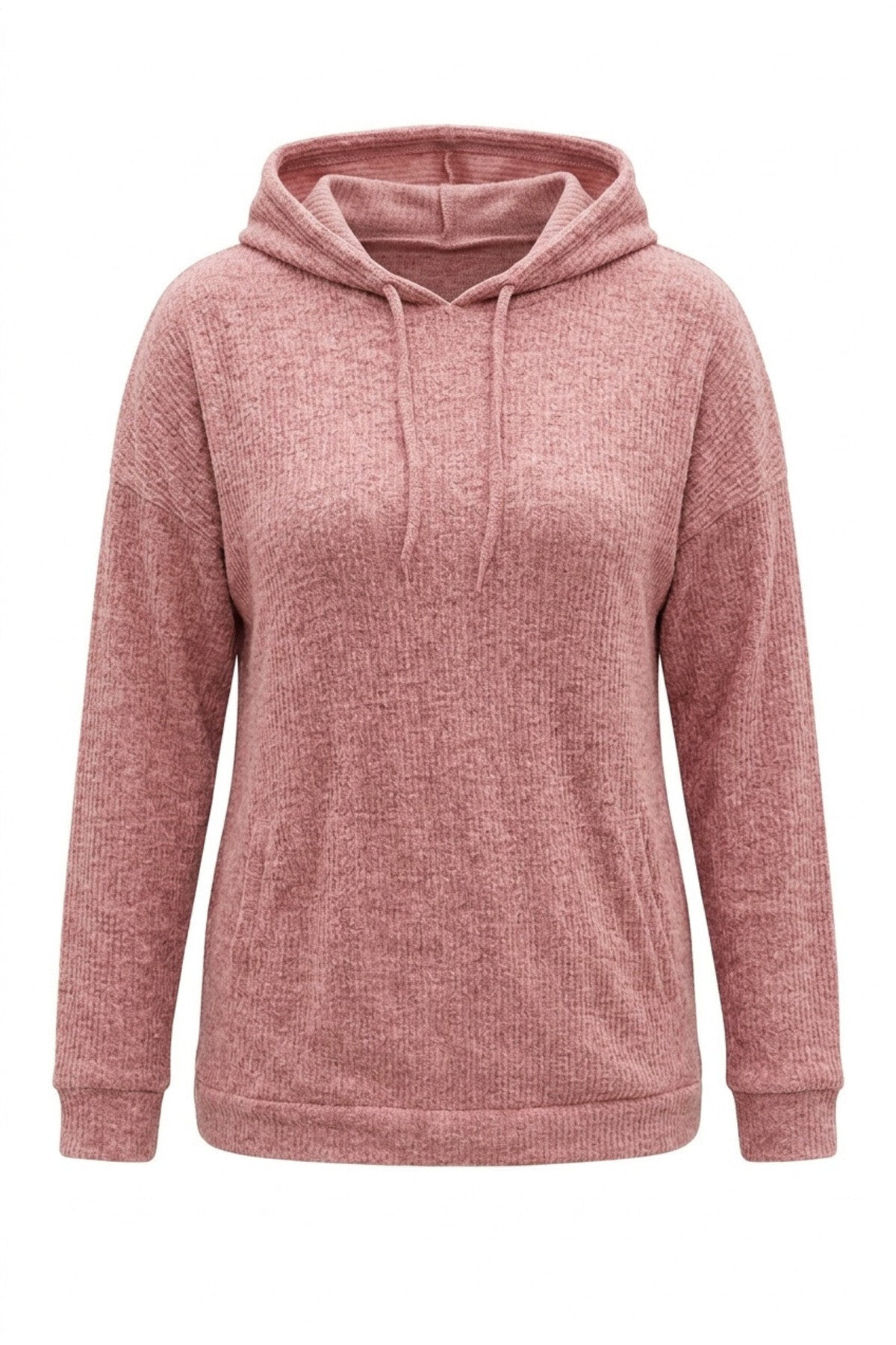Plus Size Long Sleeve Hooded Fine Knit Sweatshirt with Side Pockets