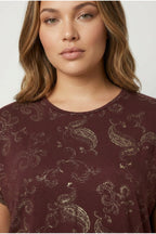 Plus Size Short Sleeve Crew Neck Metallic Patterned Blouse