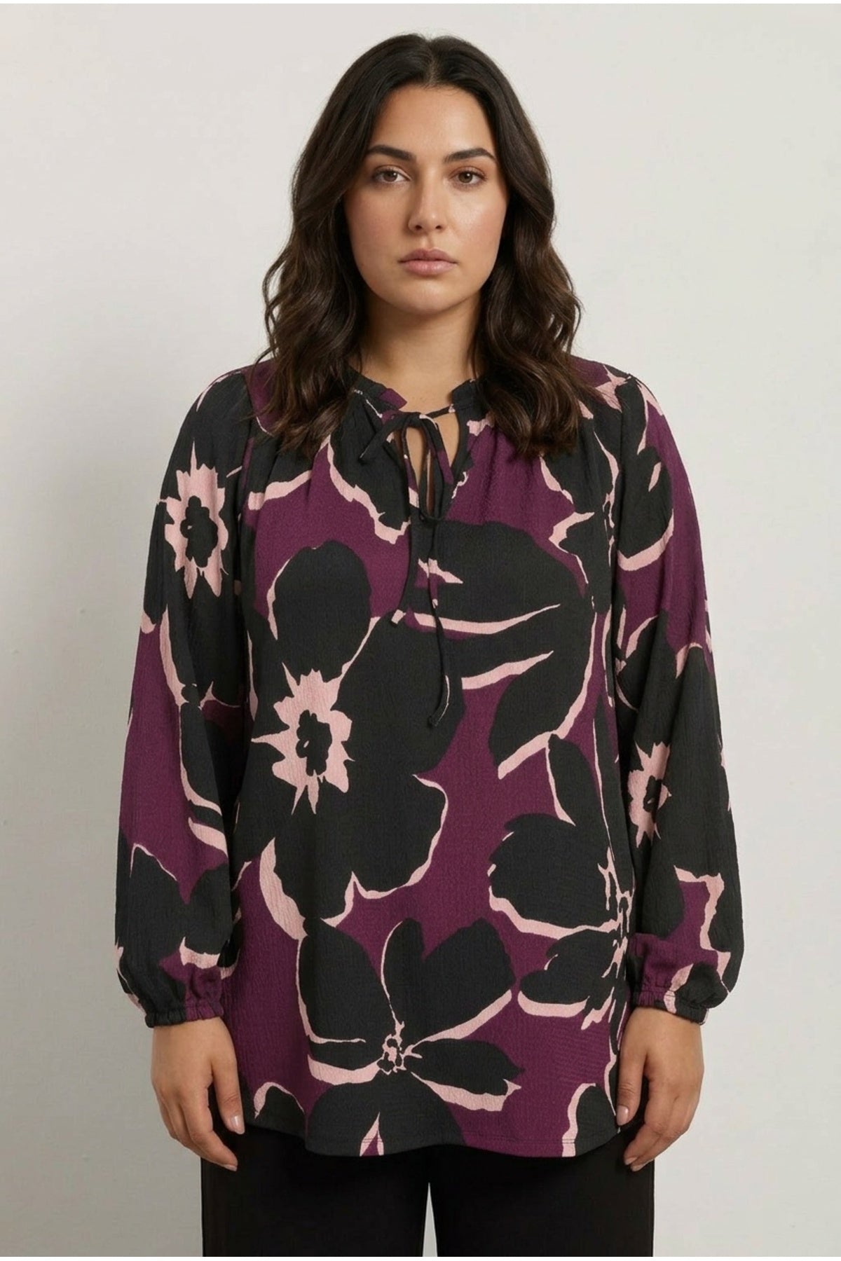 Plus Size Floral Print Long Sleeve Tie-Neck Blouse