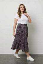Plus Size Elastic Waist Pleated Minimal Floral Print Stretchy Fabric Skirt