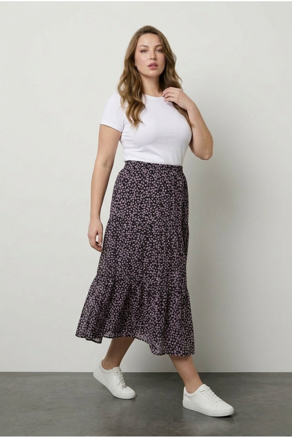 Plus Size Elastic Waist Pleated Minimal Floral Print Stretchy Fabric Skirt