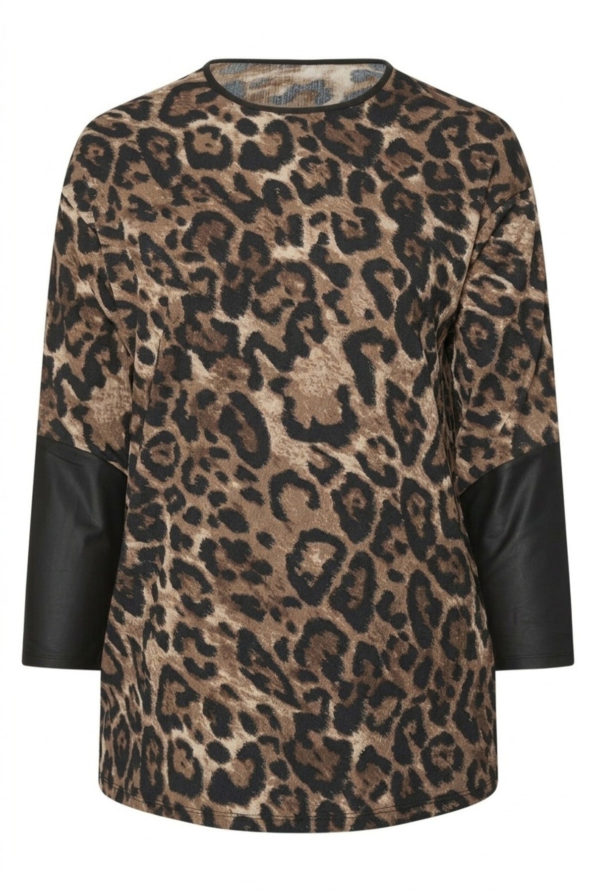 Plus Size Crew Neck Long Sleeve Faux Leather Detailed T-shirt