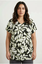 Plus Size V-Neck Short Sleeve Leaf Patterned Blouse