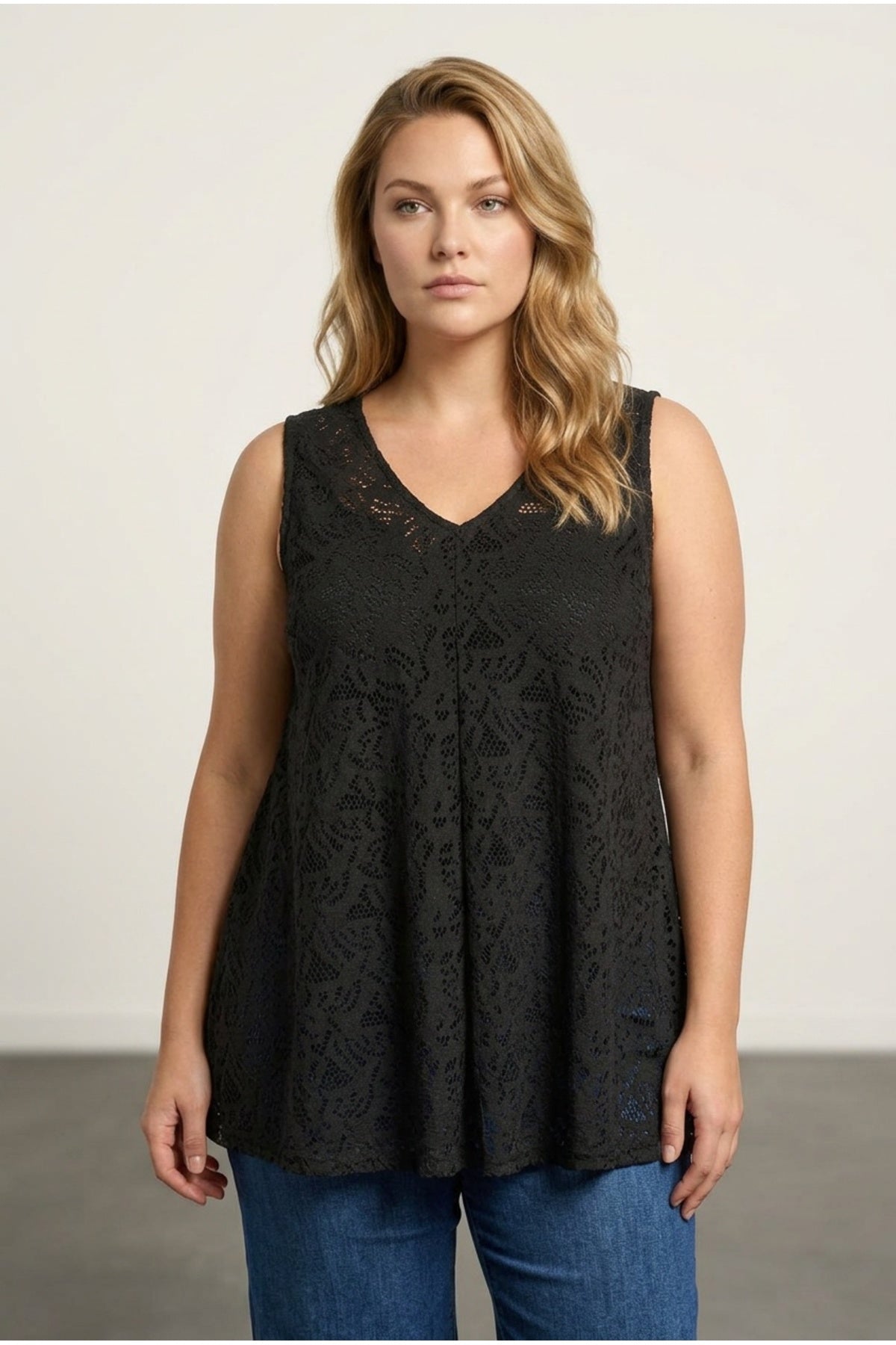 Plus Size V-Neck Sleeveless Unlined Lace Blouse