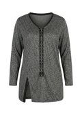 Plus Size V-Neck Front Zippered Blouse with Slit Detail