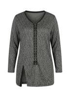 Plus Size V-Neck Front Zippered Blouse with Slit Detail